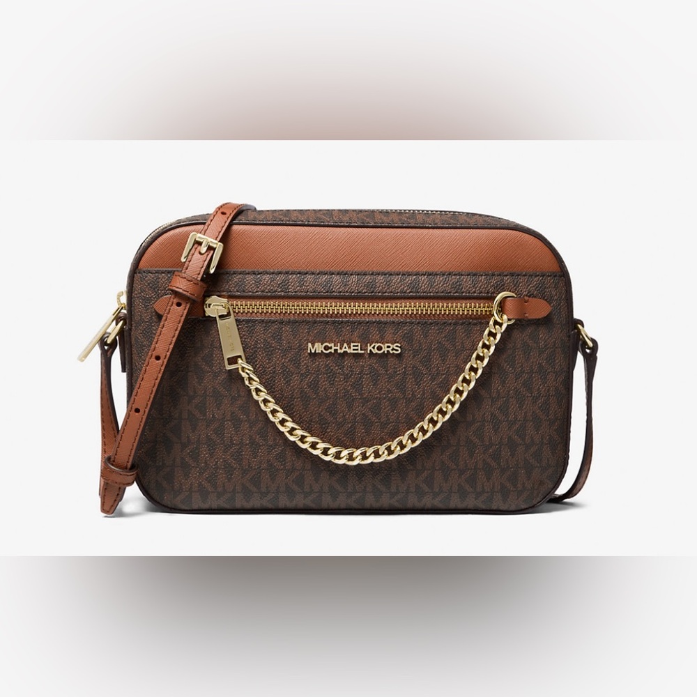 Michael Kors Brown and Tan Jet Set Large Logo Crossbody Bag
